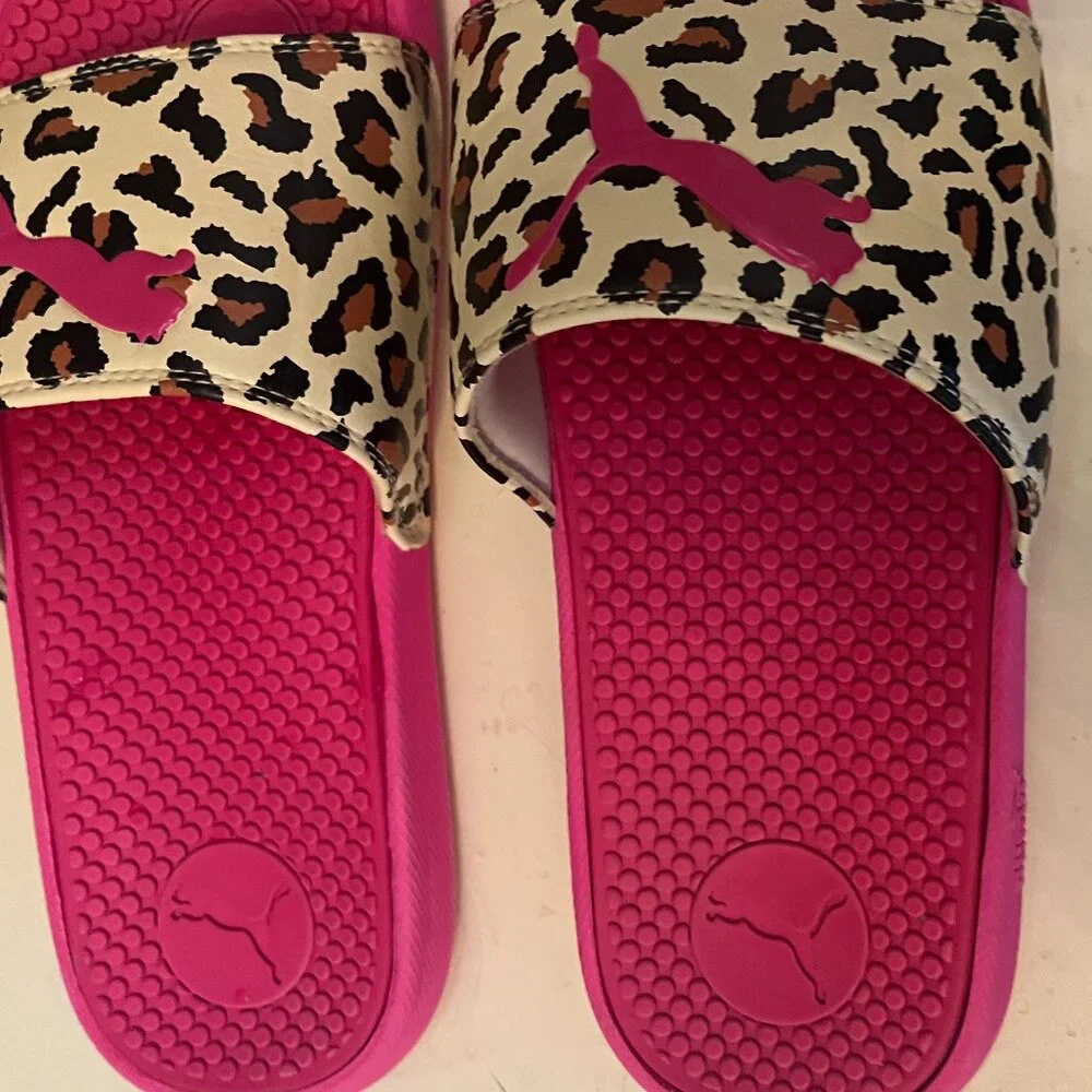 Puma pink leopard pront slides big kids size 6